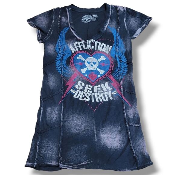Affliction Top Size Medium Y2K Affliction Seek and Destroy Graphic Print T-Shirt - Picture 1 of 7